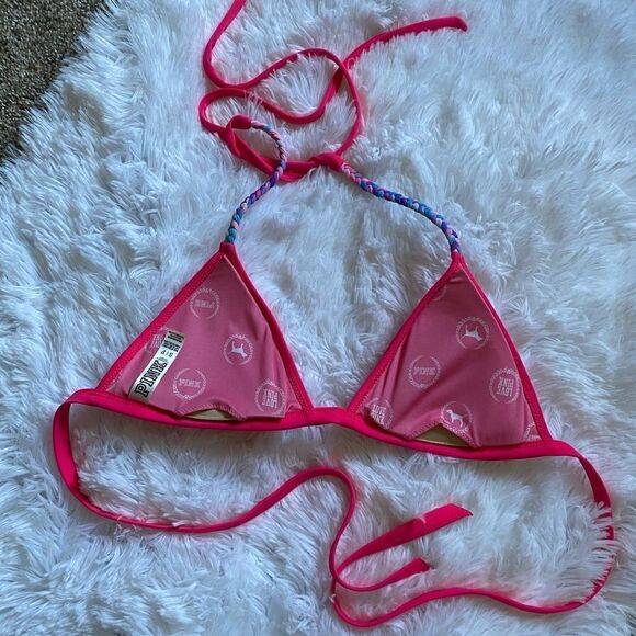 Victoria’s Secret PINK Bikini Top Hot Pink Stringy Women’s Size Small - Picture 3 of 5